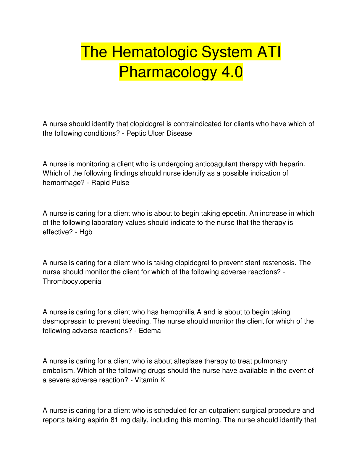 Preview image for The Hematologic System ATI Pharmacology 4.0 (answered)/ ATI - The Hematologic System Test, 100% all answers correct.2022